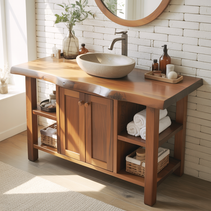 Rustic Solid Wood Bathroom Vanity Cabinet With Doors And Open Shelves Kitchnce