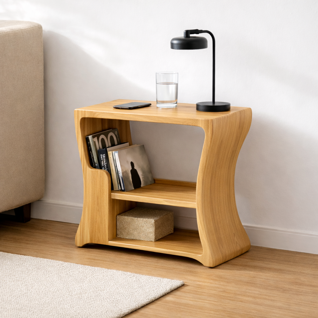 Solid Wood End Table with Storage Shelves – Modern Side Table for Living Room Kitchnce