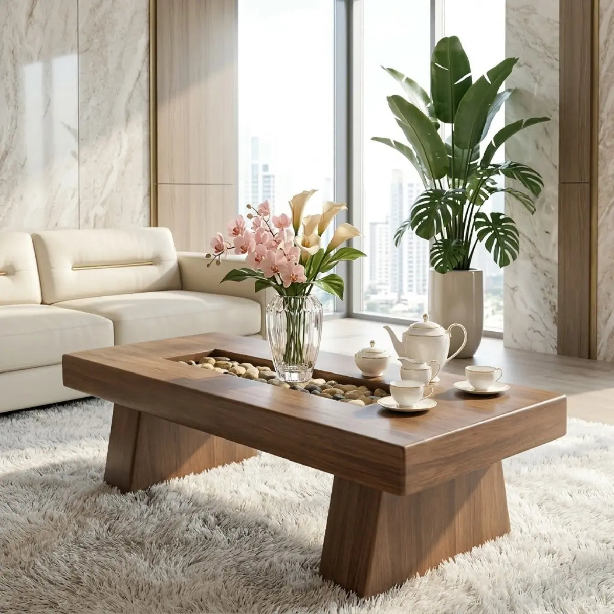 Rustic Wooden Coffee Table with Stone Inlay, Handmade Living Room Furniture Kitchnce
