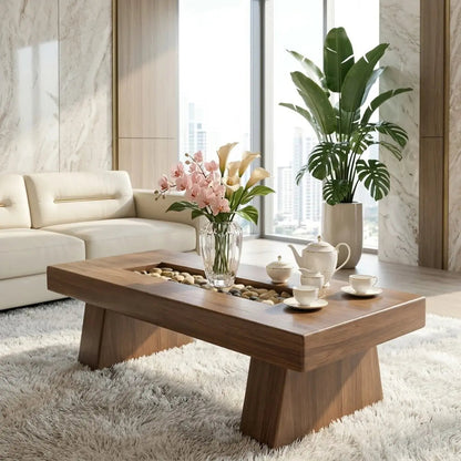 Rustic Wooden Coffee Table with Stone Inlay, Handmade Living Room Furniture Kitchnce