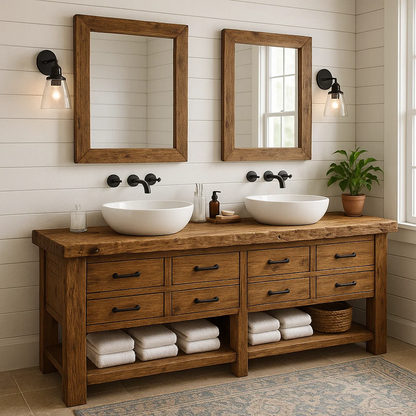Handcrafted Solid Wood Double Sink Vanity – Rustic Farmhouse Base with 8 Drawers and Open Shelf Kitchnce