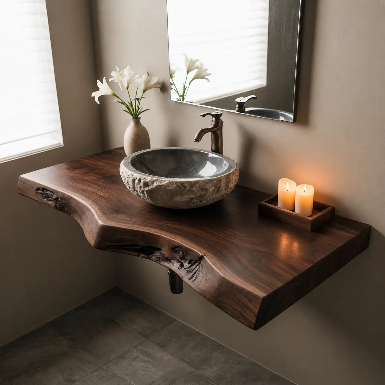 Sapwood Live Edge Vanity Shelf | Two-Tone Solid Wood Floating Bathroom Kitchnce
