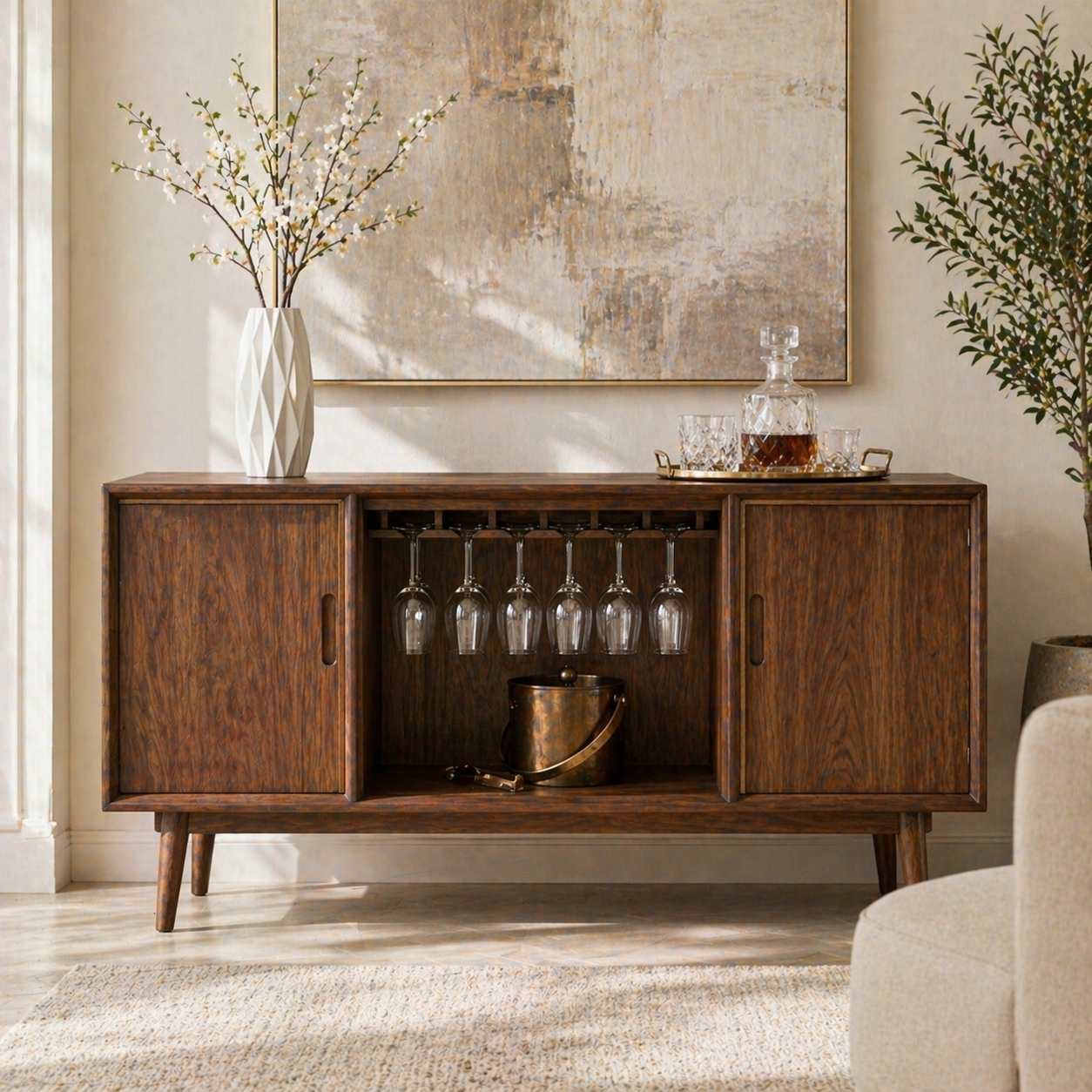 Mid Century Modern Bar Cabinet Liquor Storage Console With Glass Rack Doors