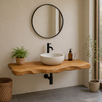 Live Edge Solid Wood Floating Bathroom Vanity – Wall Mounted Rustic Vanity Top