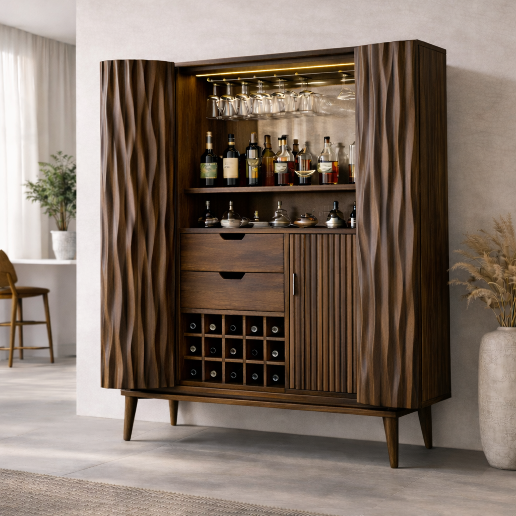 Solid Wood Bar Cabinet with Carved Doors, Wine Rack & Glass Holder – Modern Home Bar Storage