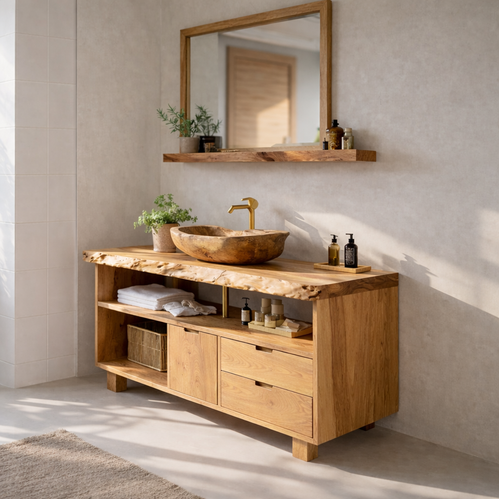 Solid Wood Bathroom Vanity Cabinet with Shelf Storage – Modern Rustic Vanity (No Sink)