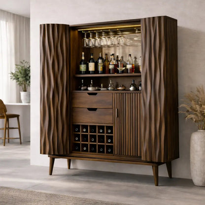 Solid Wood Bar Cabinet with Carved Doors, Wine Rack & Glass Holder – Modern Home Bar Storage Kitchnce