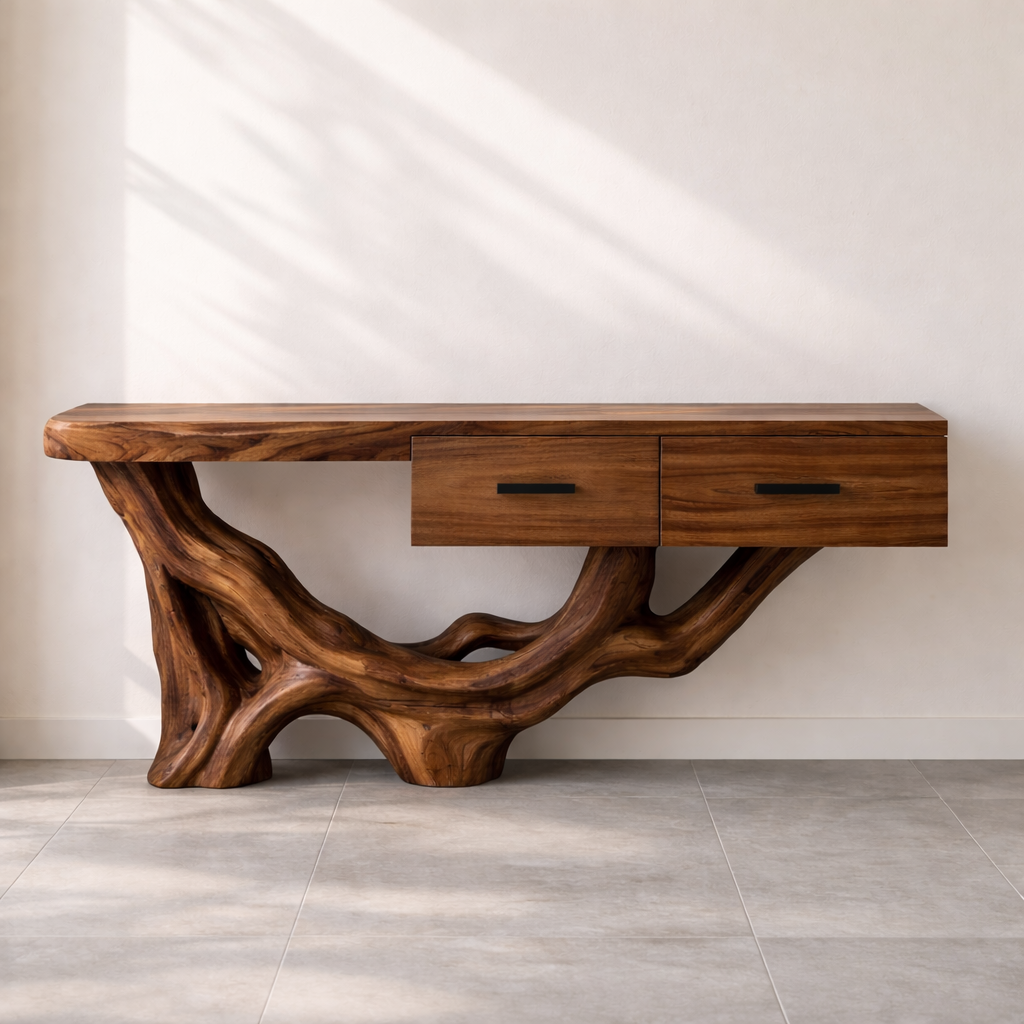 Rustic Solid Wood Console Table With Drawers, Tree Root Base Entryway Hallway Furniture Kitchnce