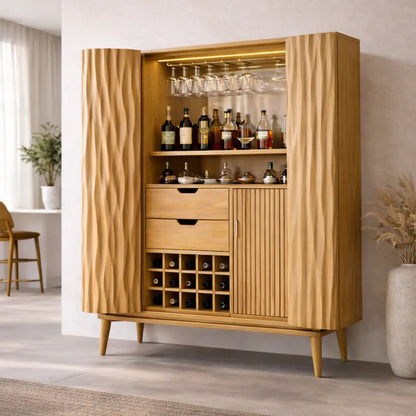 Solid Wood Bar Cabinet with Carved Doors, Wine Rack & Glass Holder – Modern Home Bar Storage Kitchnce