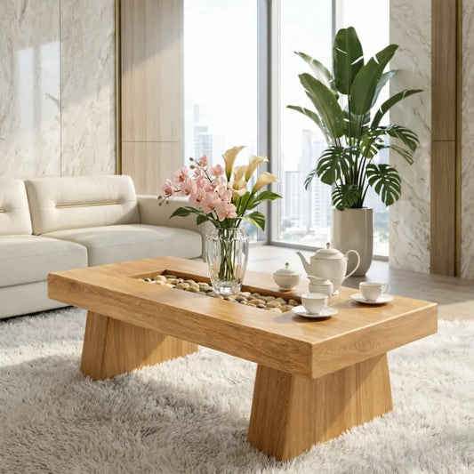 Rustic Wooden Coffee Table with Stone Inlay, Handmade Living Room Furniture Kitchnce