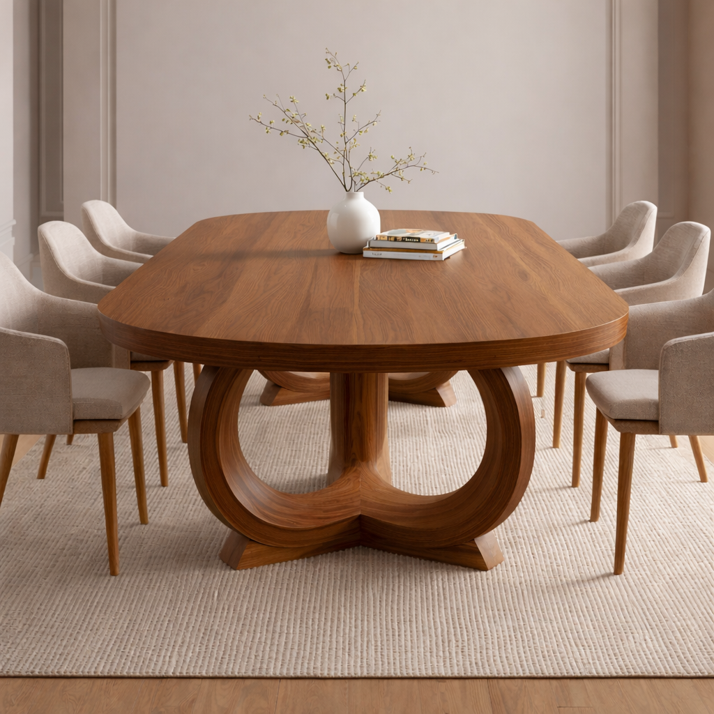 Modern Oval Dining Table Sculptural Double Loop Base Large Statement Dining Table