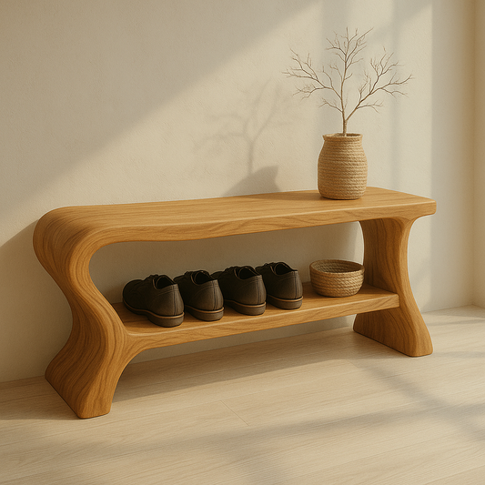 Minimalist Wooden Shoe Storage Bench – Solid Wood Entryway Bench with Shelf Kitchnce