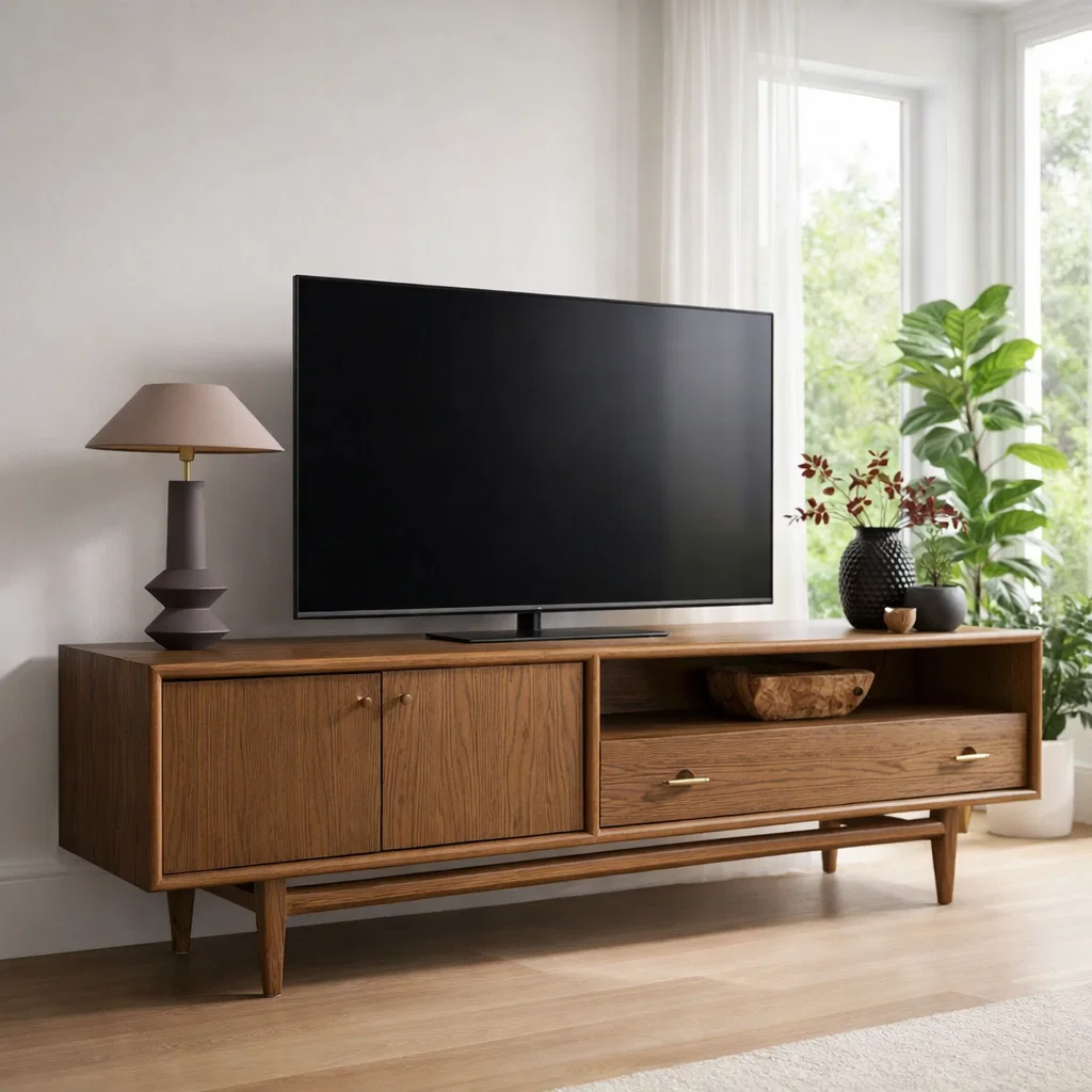 Mid Century Solid Wood TV Console with Cabinet & Drawer Storage