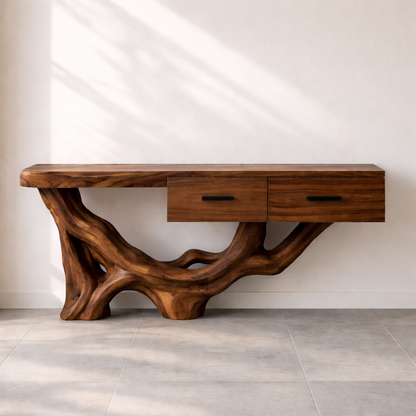 Rustic Solid Wood Console Table With Drawers, Tree Root Base Entryway Hallway Furniture Kitchnce