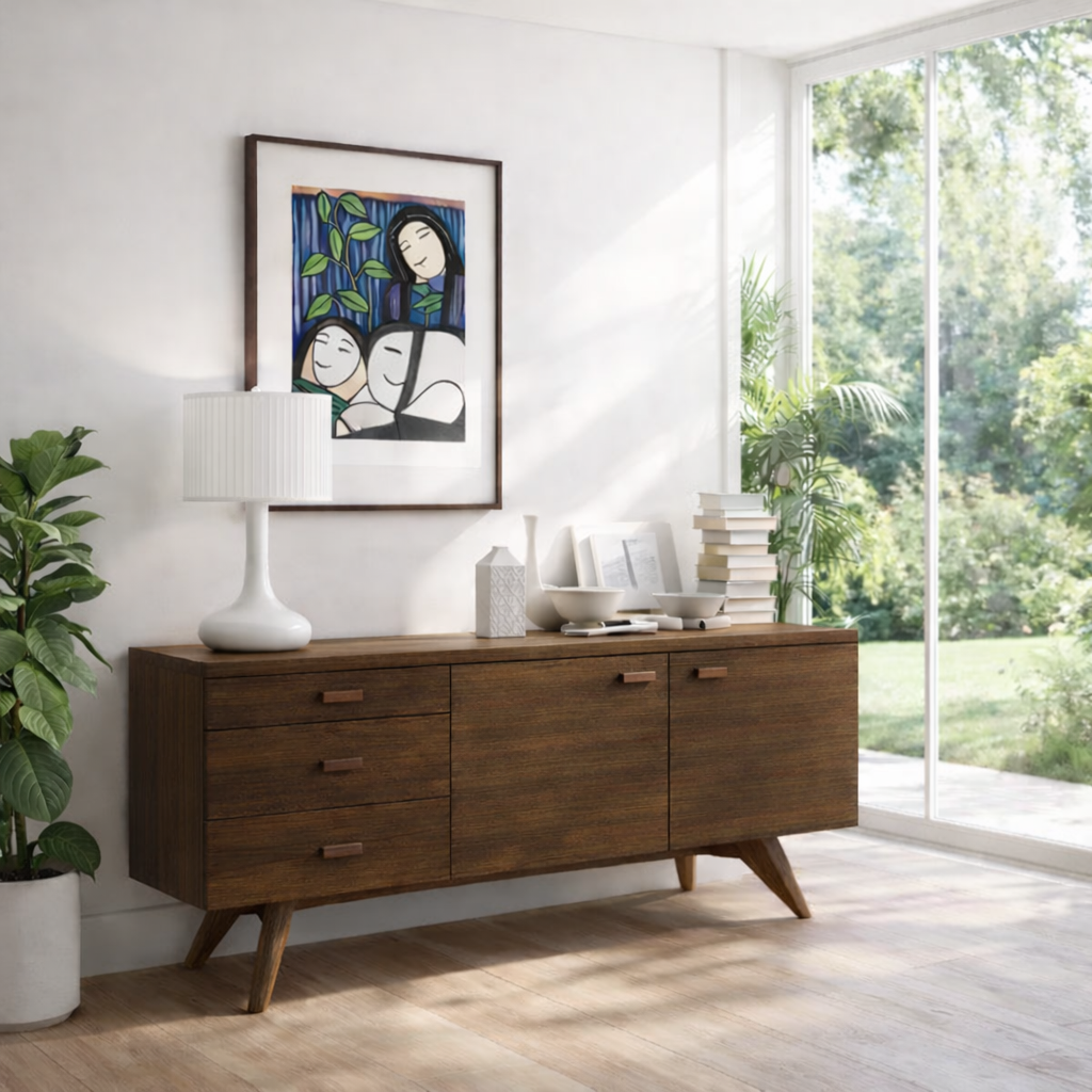 Mid Century Sideboard Cabinet with Drawers and Doors
