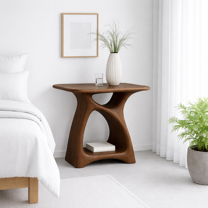 Modern Nightstand with Curved Design and Open Shelves - Dark Wood Finish Kitchnce
