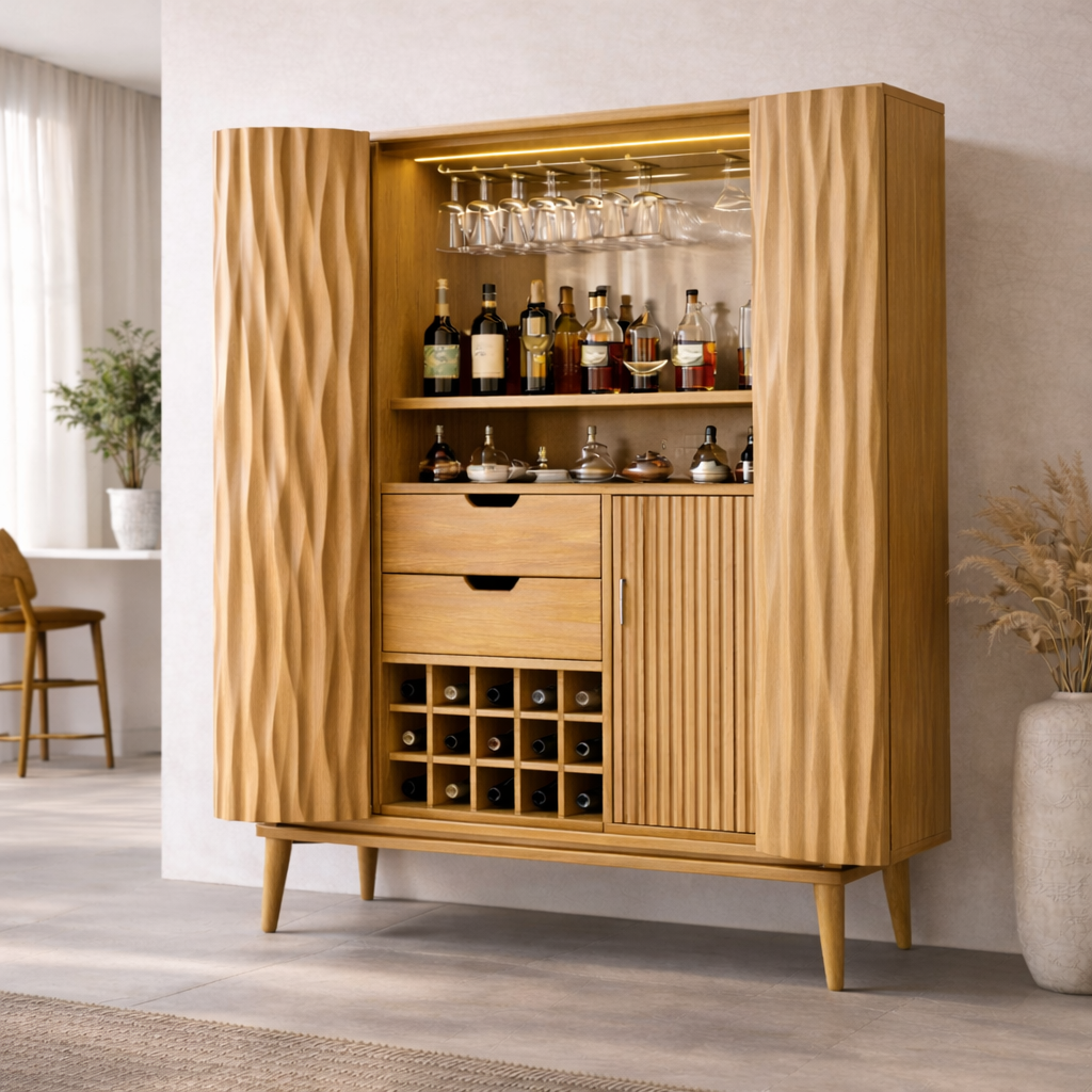 Solid Wood Bar Cabinet with Carved Doors, Wine Rack & Glass Holder – Modern Home Bar Storage