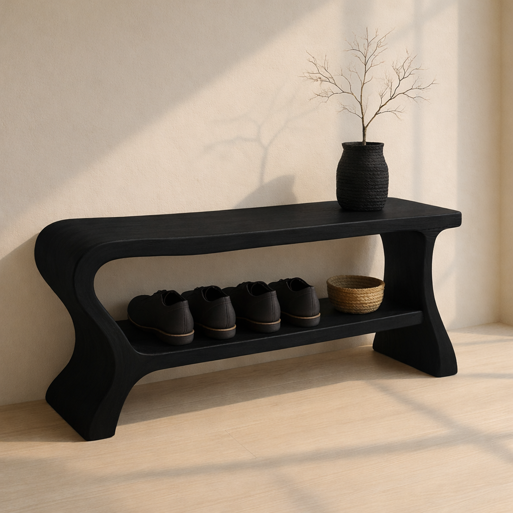 Minimalist Wooden Shoe Storage Bench – Solid Wood Entryway Bench with Shelf Kitchnce