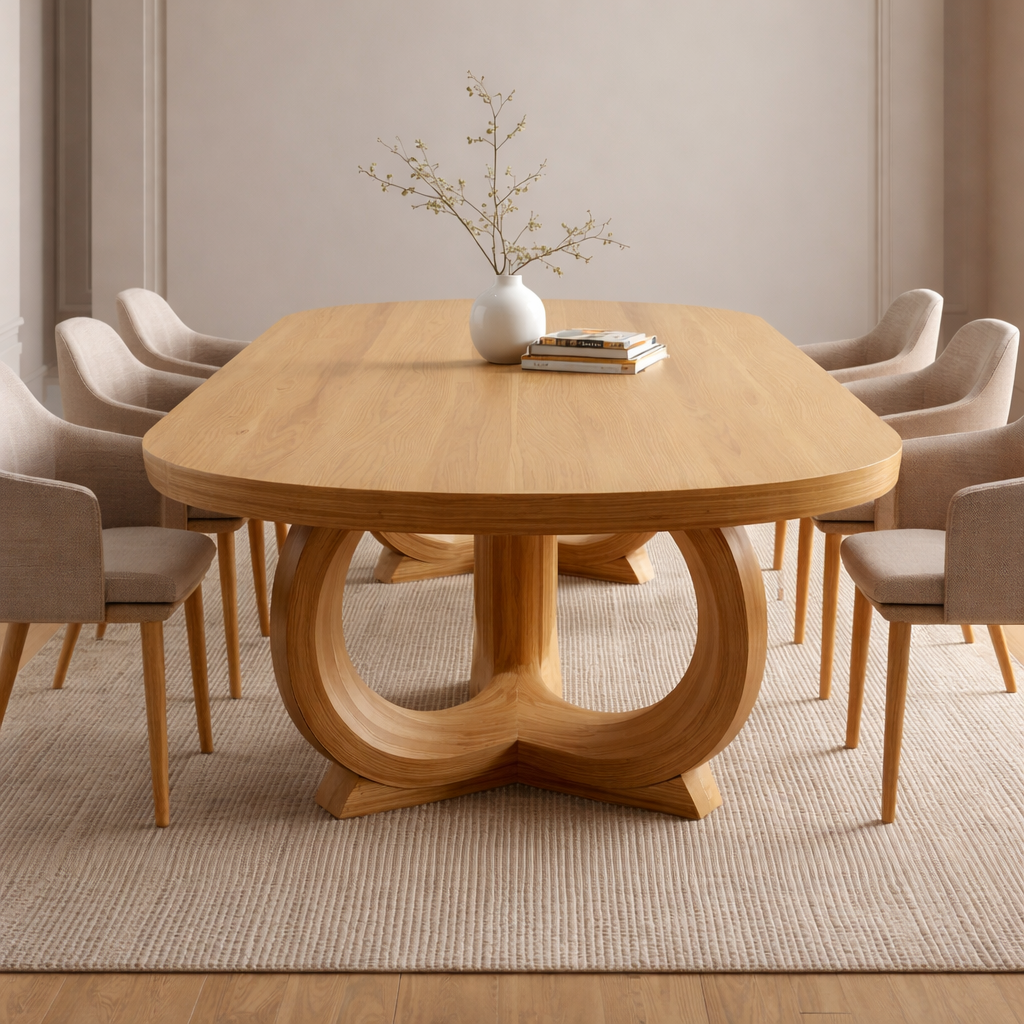 Modern Oval Dining Table Sculptural Double Loop Base Large Statement Dining Table