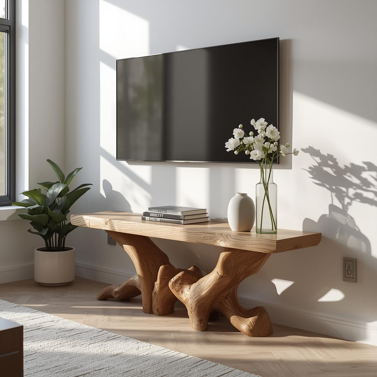 Rustic Solid Wood TV Stand Sculptural Media Console Natural Wood Entertainment Table Kitchnce