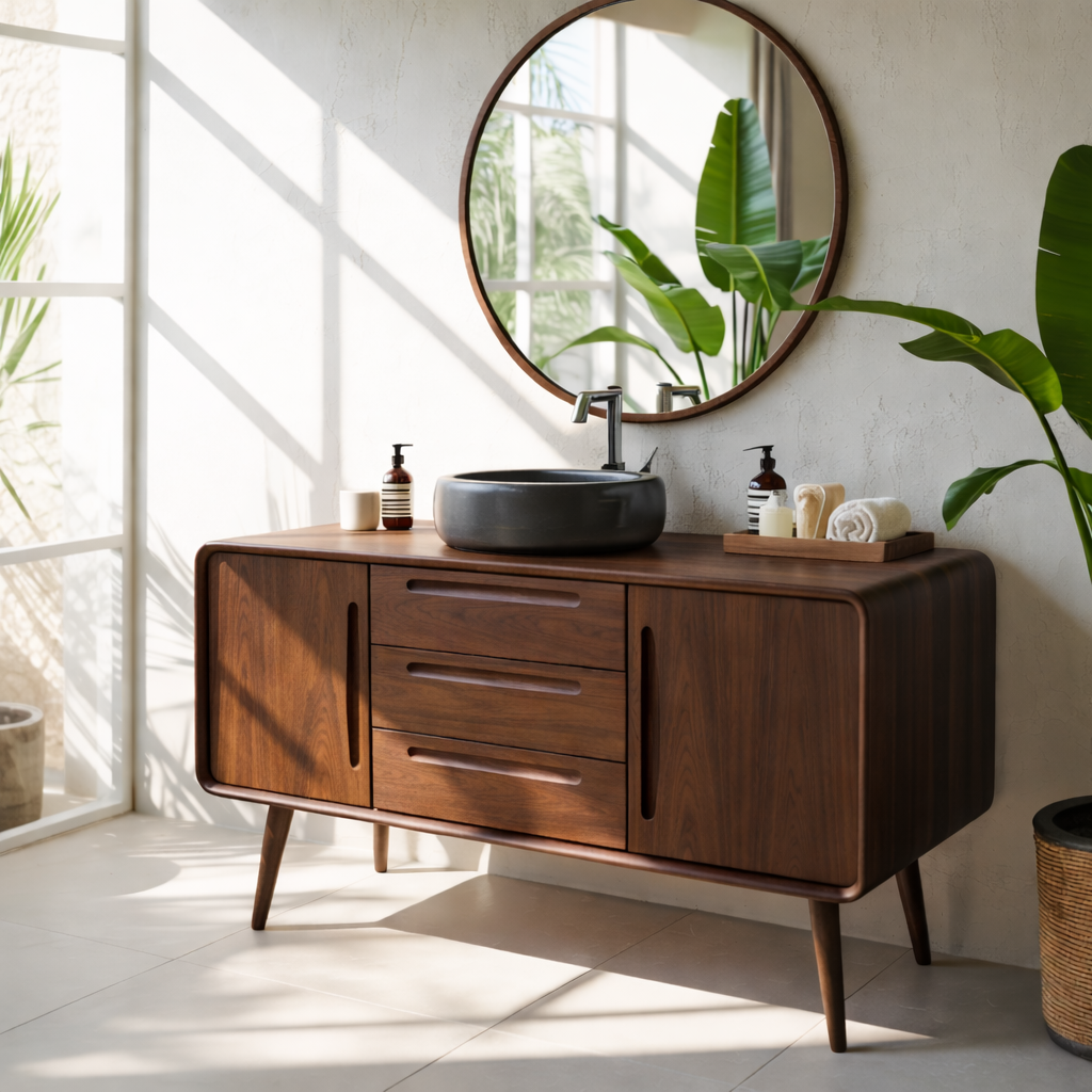 Mid Century Modern Solid Wood Bathroom Vanity Cabinet With Drawers And Doors Kitchnce