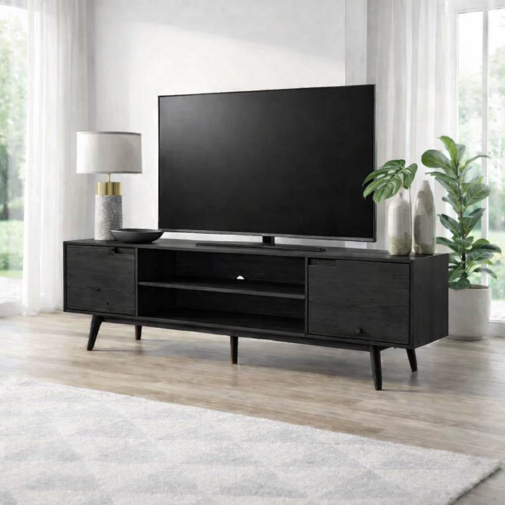 Solid Wood TV Console with Open Shelf & Cabinets – Modern Media Stand