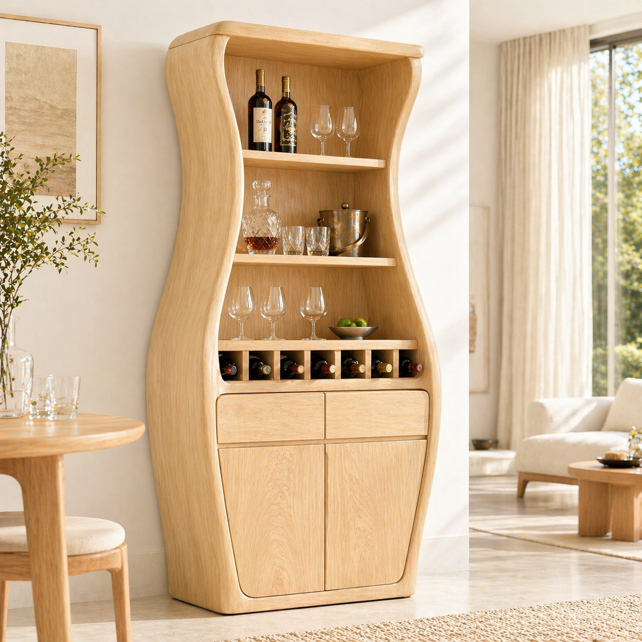 Sculptural Tall Wine Cabinet Bar Storage Bottle Rack Shelves Drawer Organizer