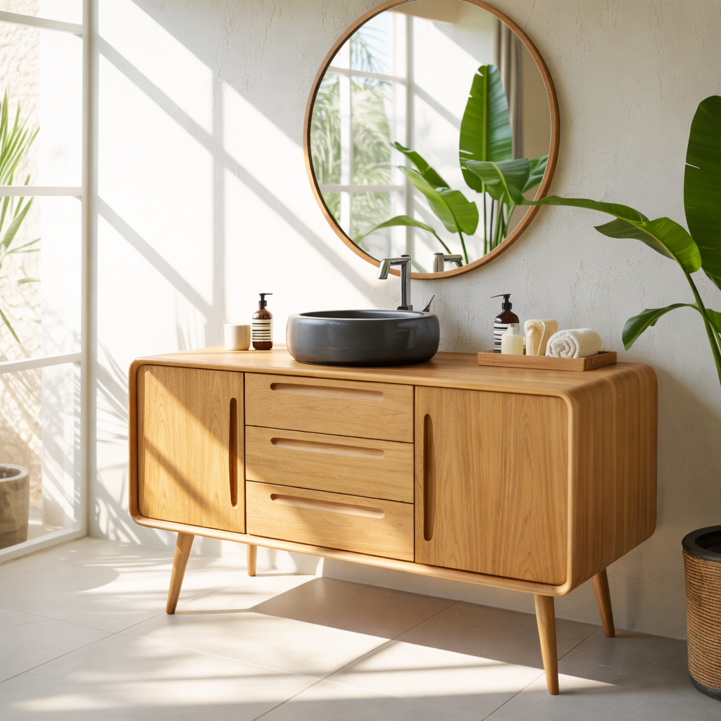 Mid Century Modern Solid Wood Bathroom Vanity Cabinet With Drawers And Doors Kitchnce