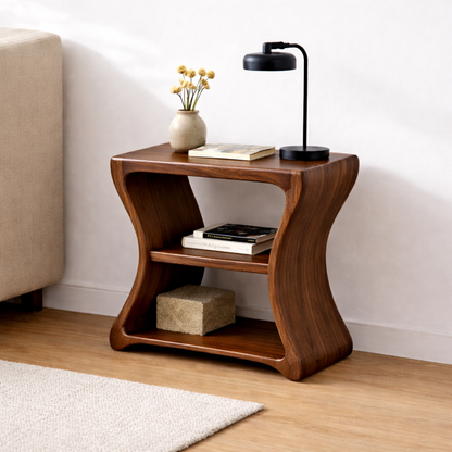 Solid Wood Curved End Table with Shelf – Natural Wooden Side Table for Living Room Kitchnce