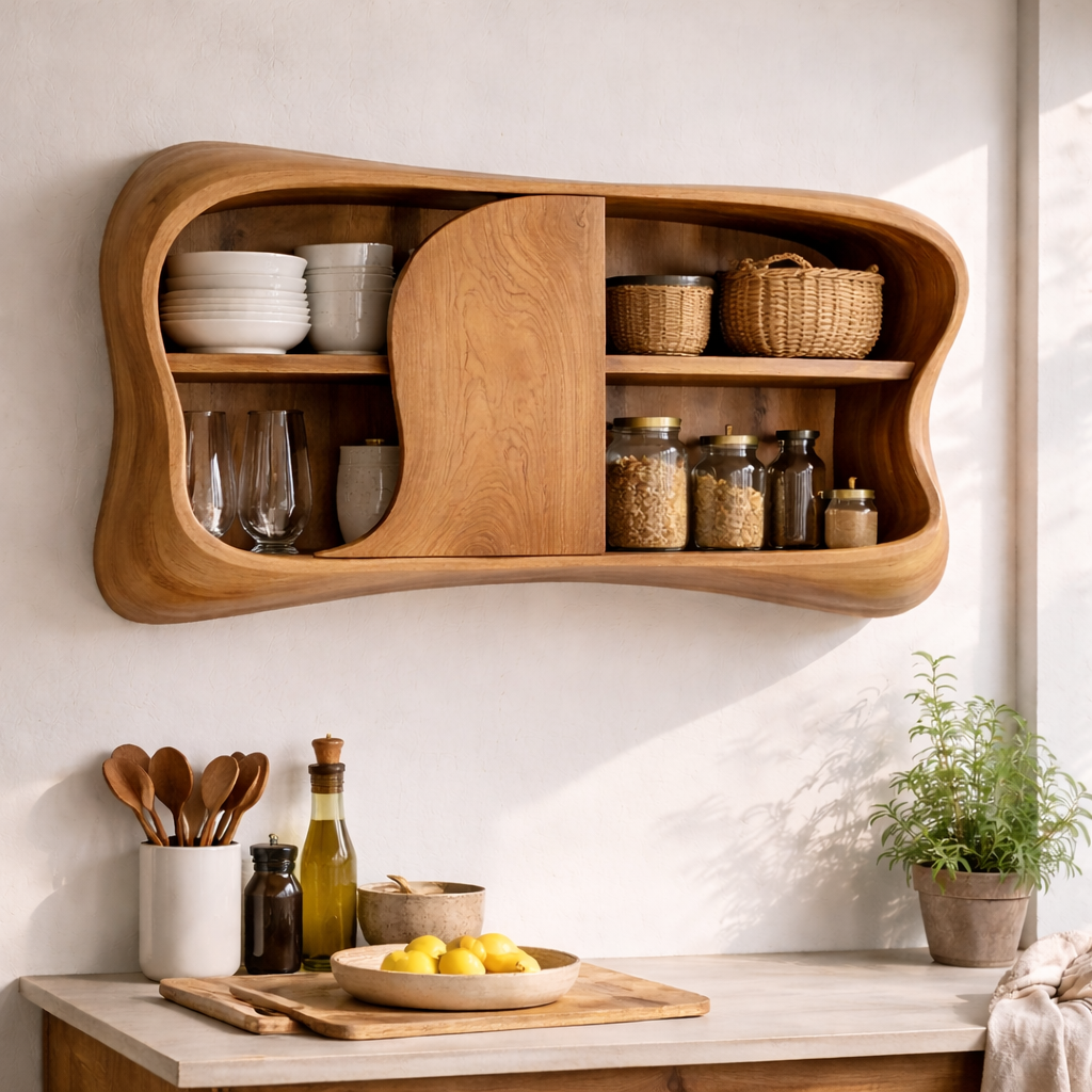Modern Solid Wood Kitchen Cabinet with Curved Doors | Wall-Mounted Storage