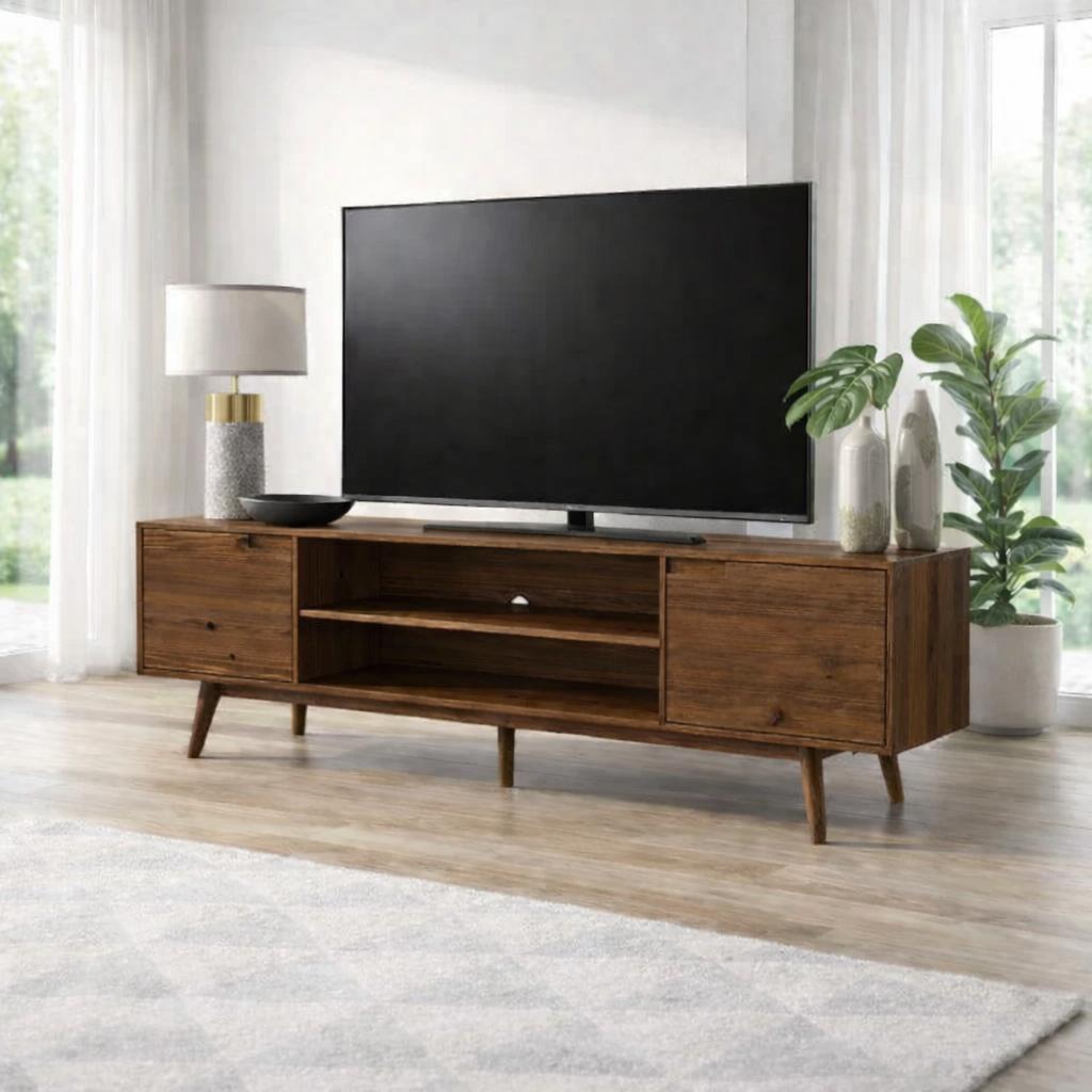 Solid Wood TV Console with Open Shelf & Cabinets – Modern Media Stand