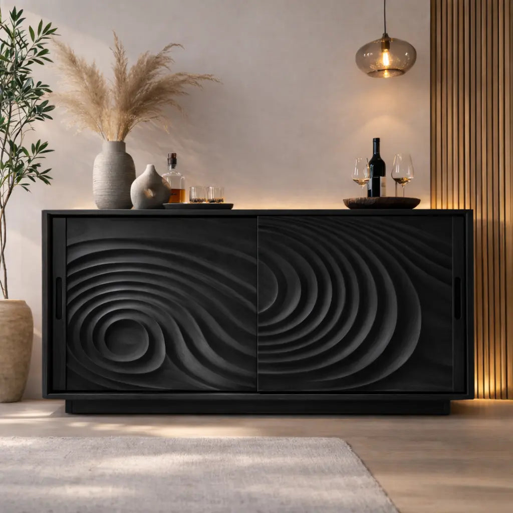 Solid Wood Console Table with Carved Wave Doors – Modern Sculptural Storage Cabinet Kitchnce