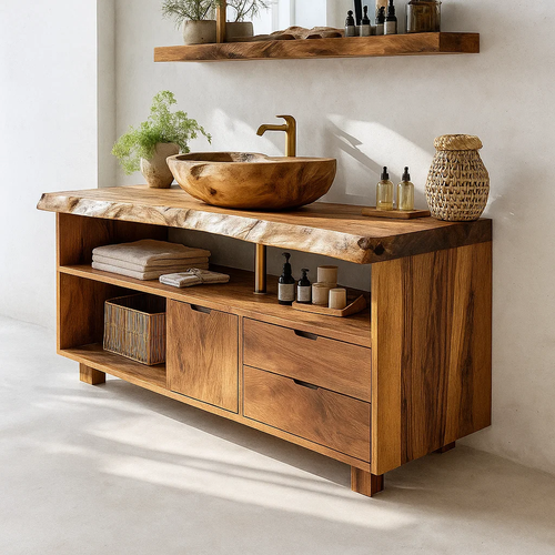 Handcrafted Solid Wood Live-Edge Vanity Base – Organic Modern Bathroom Console with Shelves and Drawers Kitchnce