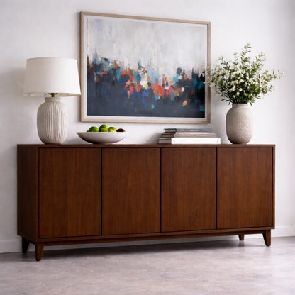 Modern Solid Wood Console Table with 4 Doors – Walnut Storage Sideboard Cabinet