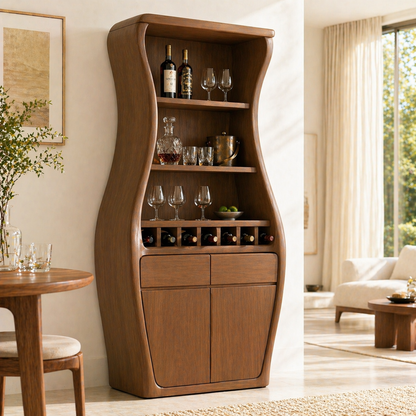 Sculptural Tall Wine Cabinet Bar Storage Bottle Rack Shelves Drawer Organizer
