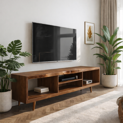 Walnut Mid Century Modern TV Stand Long Wood Media Console Minimalist Entertainment Center Kitchnce