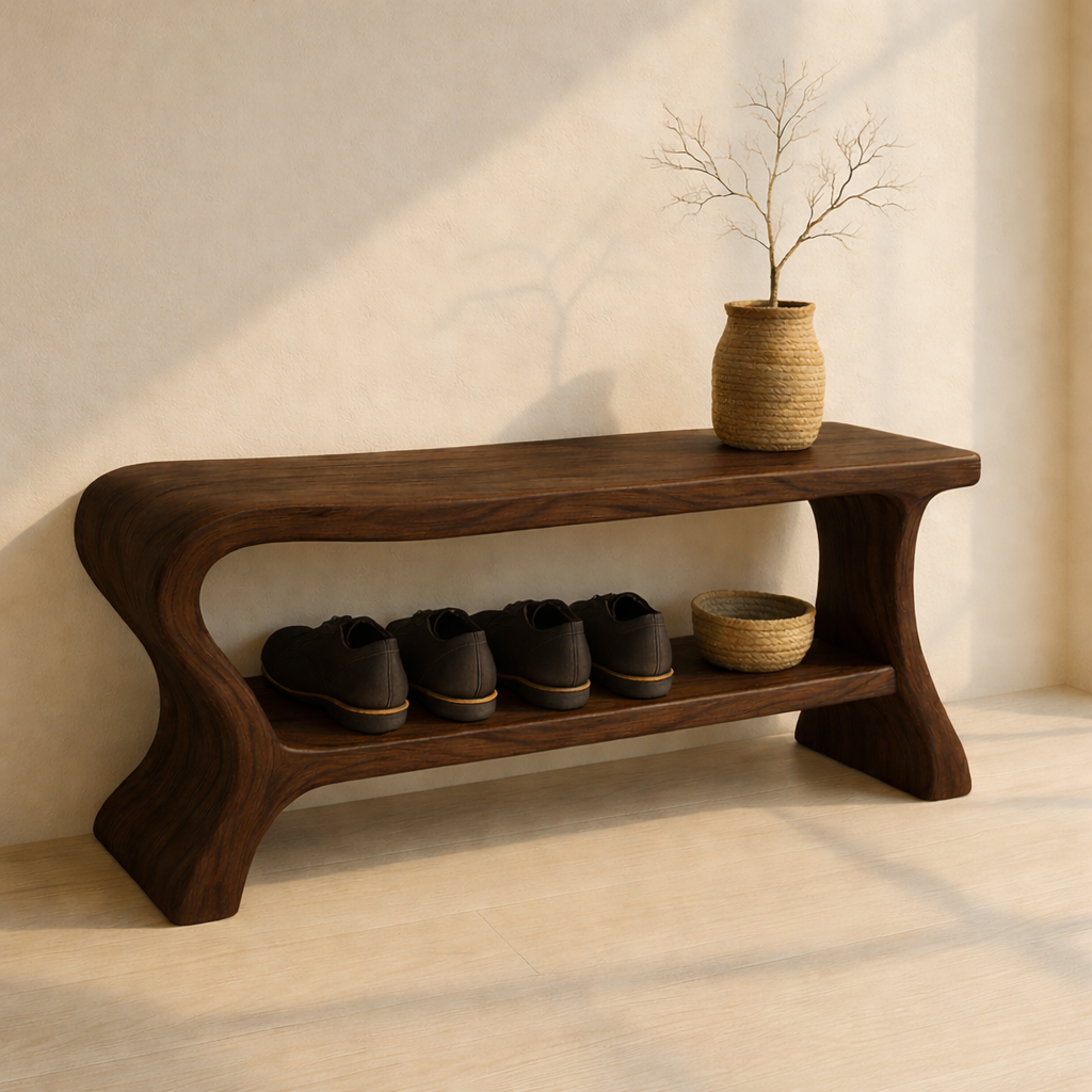 Minimalist Wooden Shoe Storage Bench – Solid Wood Entryway Bench with Shelf Kitchnce