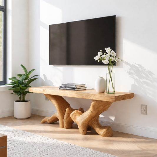 Rustic Solid Wood TV Stand Sculptural Media Console Natural Wood Entertainment Table Kitchnce