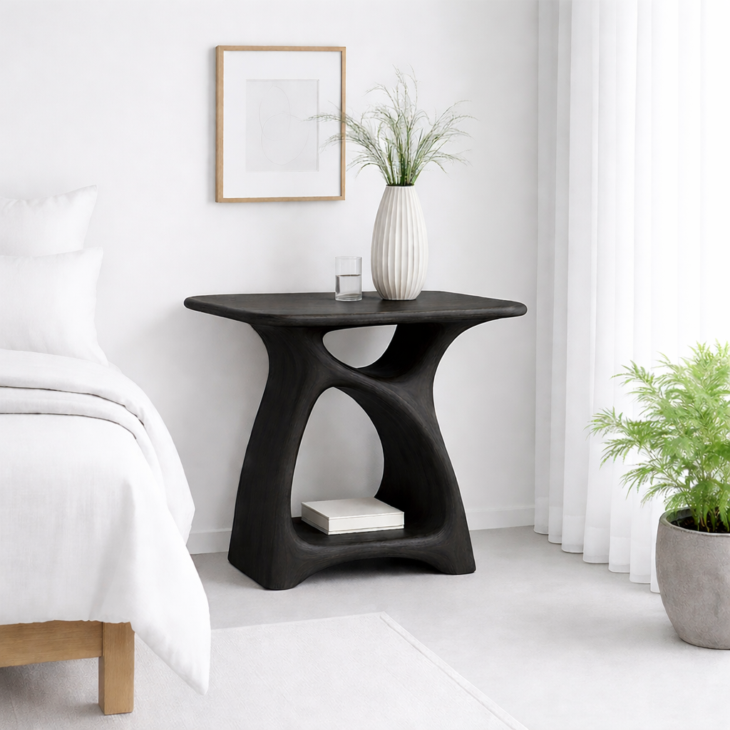Modern Nightstand with Curved Design and Open Shelves - Dark Wood Finish Kitchnce