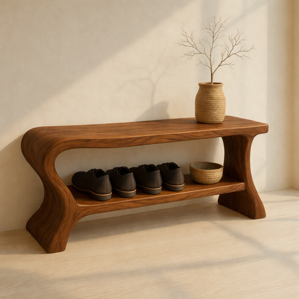 Minimalist Wooden Shoe Storage Bench – Solid Wood Entryway Bench with Shelf Kitchnce