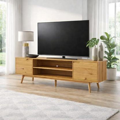 Solid Wood TV Console with Open Shelf & Cabinets – Modern Media Stand
