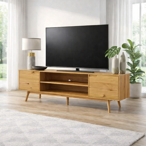 Solid Wood TV Console with Open Shelf & Cabinets – Modern Media Stand