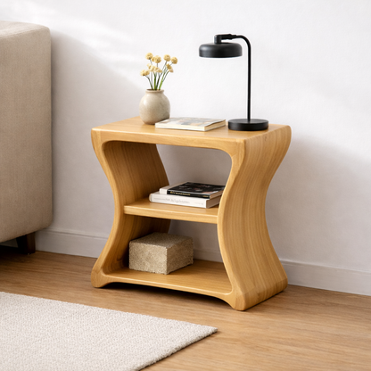 Solid Wood Curved End Table with Shelf – Natural Wooden Side Table for Living Room Kitchnce