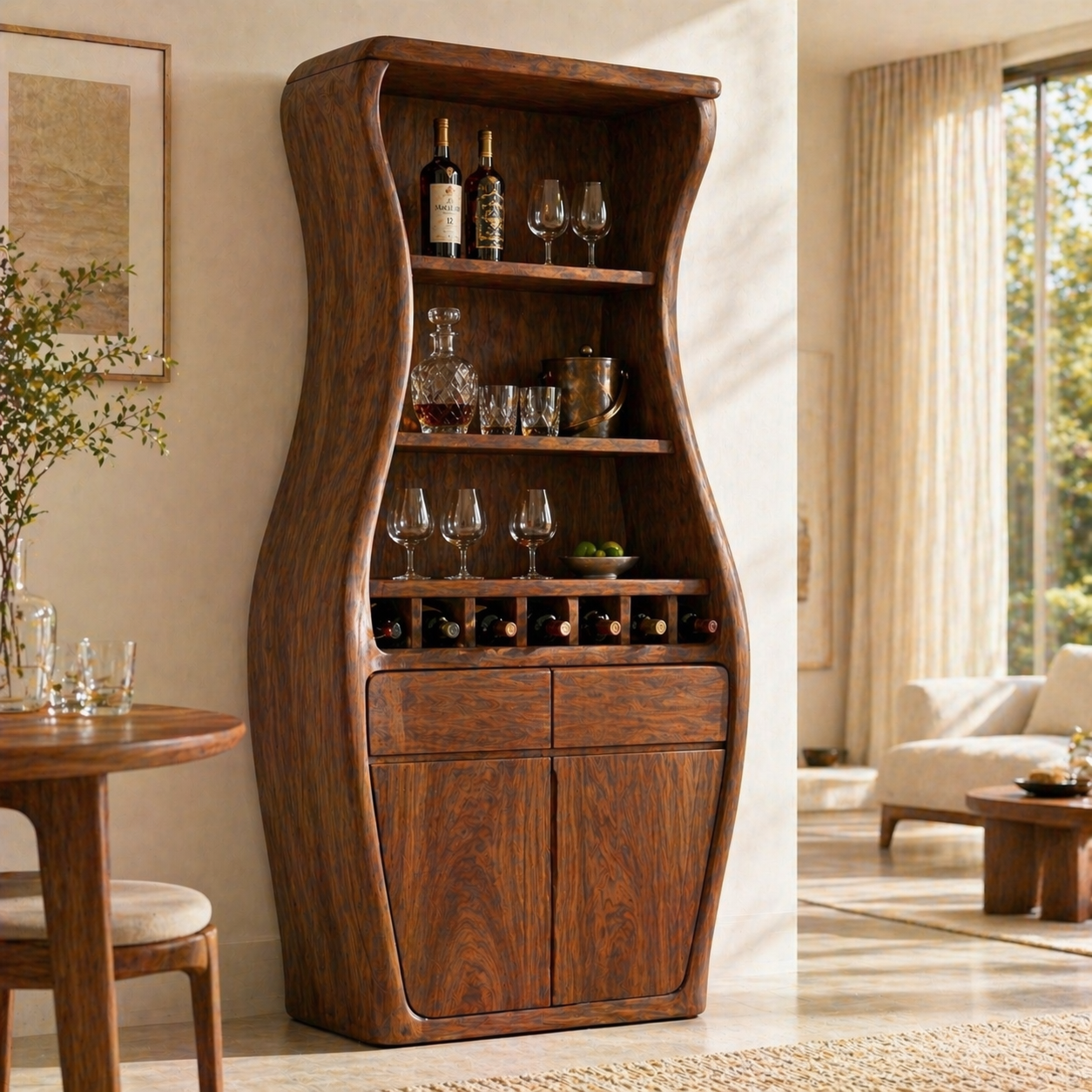 Sculptural Tall Wine Cabinet Bar Storage Bottle Rack Shelves Drawer Organizer
