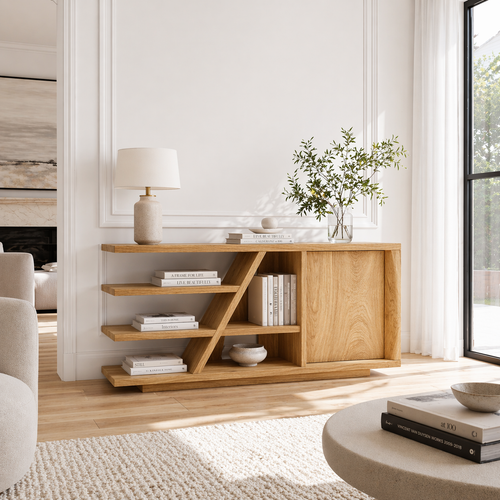 Solid Wood Console Sideboard with Open Shelves – Modern Walnut Storage Cabinet