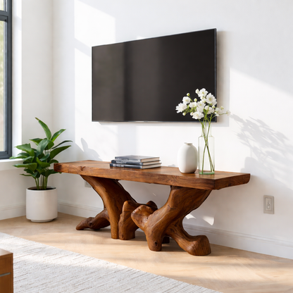 Rustic Solid Wood TV Stand Sculptural Media Console Natural Wood Entertainment Table Kitchnce