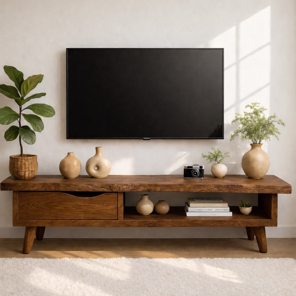 Handcrafted Solid Wood TV Stand with Drawer and Open Shelf, Mid Century Modern Media Console Kitchnce