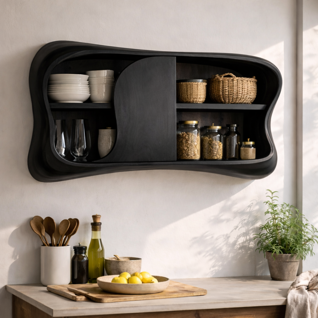 Modern Solid Wood Kitchen Cabinet with Curved Doors | Wall-Mounted Storage