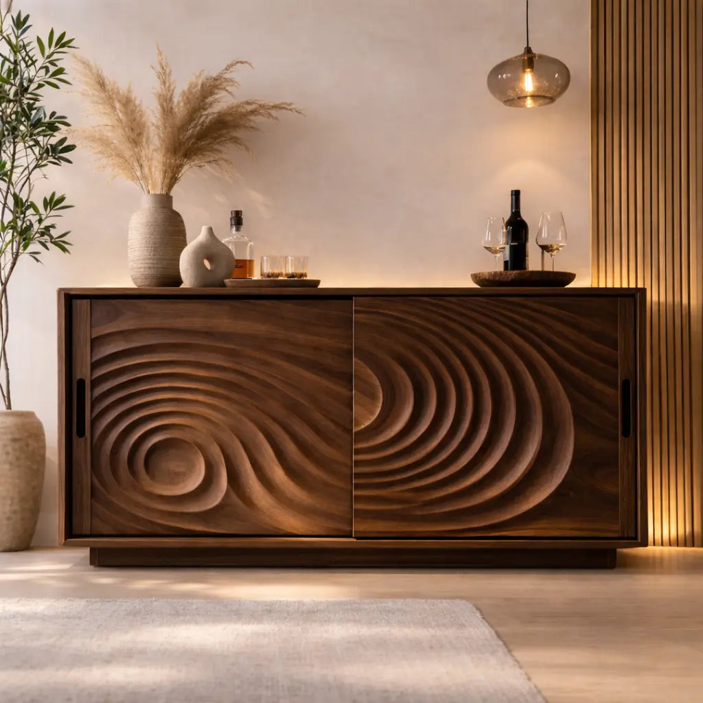 Solid Wood Console Table with Carved Wave Doors – Modern Sculptural Storage Cabinet Kitchnce