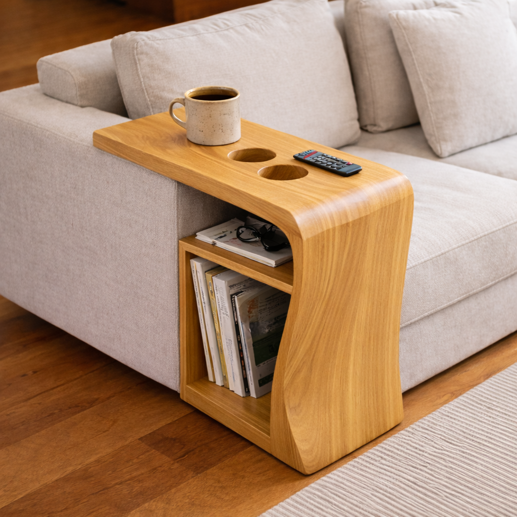 Solid Wood Sofa Armrest Table with Cup Holders and Storage – Couch Arm Tray Kitchnce